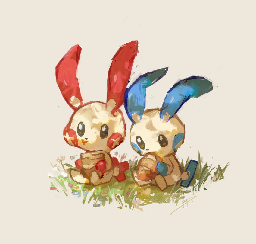 :t aomidori_iro bread brown_eyes closed_mouth commentary_request creature eating food gen_3_pokemon grass highres holding holding_food minun no_humans plusle pokemon pokemon_(creature) sitting white_background