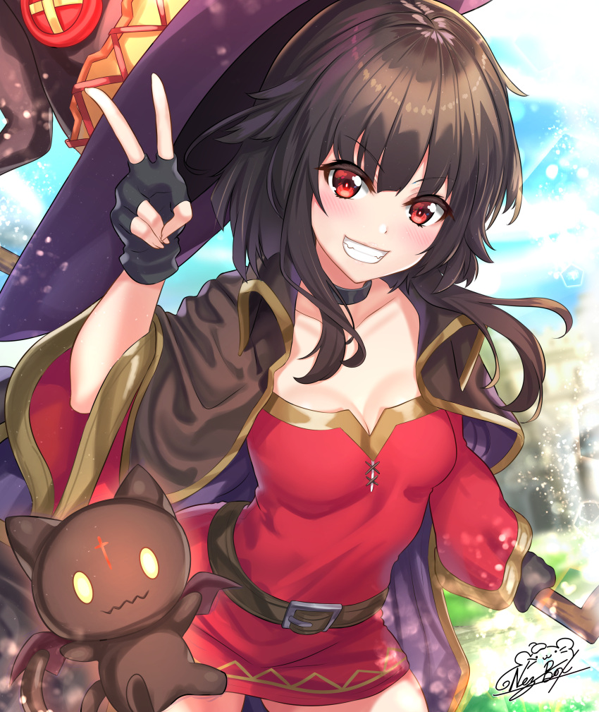 1girl absurdres bangs black_cape black_cat black_gloves black_hair black_headwear blush brown_choker cape cat choker chomusuke dress eyebrows_visible_through_hair fingerless_gloves gloves hair_between_eyes hat highres holding holding_staff kono_subarashii_sekai_ni_shukufuku_wo! long_hair long_sleeves looking_at_viewer megumin nez-box red_dress red_eyes solo staff v witch_hat