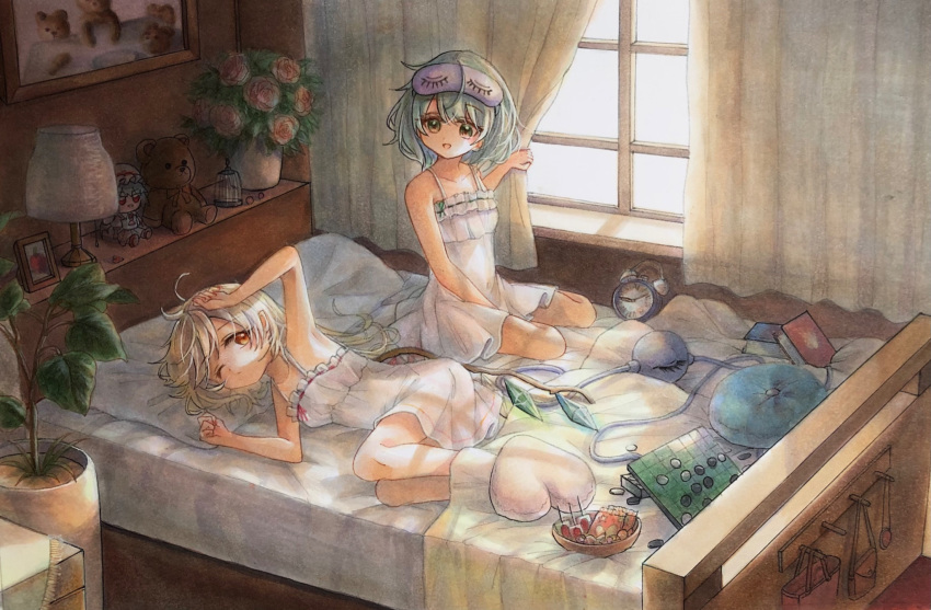 2girls alarm_clock bag bed bedroom blanket candy character_doll clock curtains flandre_scarlet food handbag highres hisako_(6anmbblfnjueeff) indoors komeiji_koishi multiple_girls nightgown plant potted_plant remilia_scarlet sleep_mask sleepover sleepwear stuffed_animal stuffed_toy teddy_bear third_eye touhou waking_up window