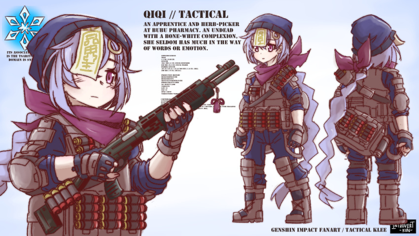 1girl absurdly_long_hair alternate_costume amulet bag bangs black_gloves black_jumpsuit boots braid bulletproof_vest character_sheet coin_hair_ornament combat_boots commentary english_commentary english_text eyebrows_visible_through_hair fingerless_gloves from_behind full_body genshin_impact gloves gun hair_over_one_eye hair_ribbon holding holding_gun holding_weapon introvert-kun jiangshi long_hair looking_at_viewer low_ponytail ofuda purple_eyes purple_hair purple_scarf qiqi_(genshin_impact) ribbon scarf shotgun shotgun_shells sidelocks single_braid solo tactical_clothes trigger_discipline very_long_hair weapon