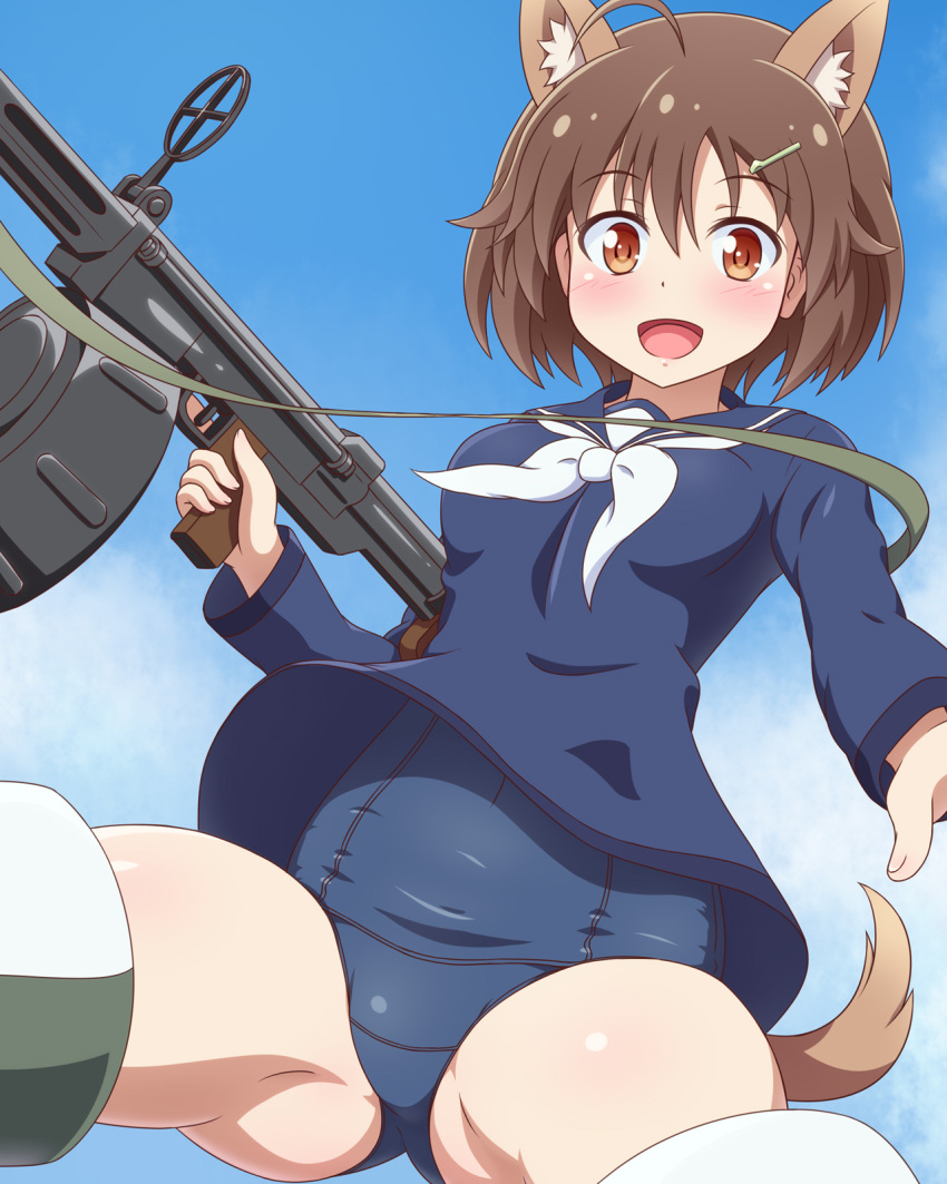 animal_ears brave_witches gun karibuchi_hikari school_swimsuit seifuku strike_witches swimsuits tail yosuzu