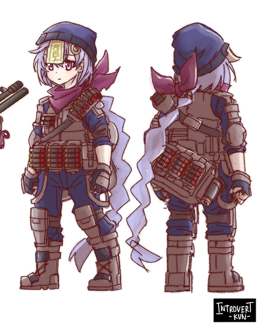 1girl absurdly_long_hair bag bangs black_gloves black_jumpsuit boots braid bulletproof_vest character_sheet coin_hair_ornament combat_boots commentary english_commentary eyebrows_visible_through_hair fingerless_gloves from_behind full_body genshin_impact gloves gun hair_ribbon hat highres introvert-kun jiangshi long_hair looking_at_viewer low_ponytail ofuda purple_eyes purple_hair purple_scarf qiqi_(genshin_impact) ribbon scarf shotgun shotgun_shells sidelocks simple_background single_braid solo tactical_clothes very_long_hair weapon white_background