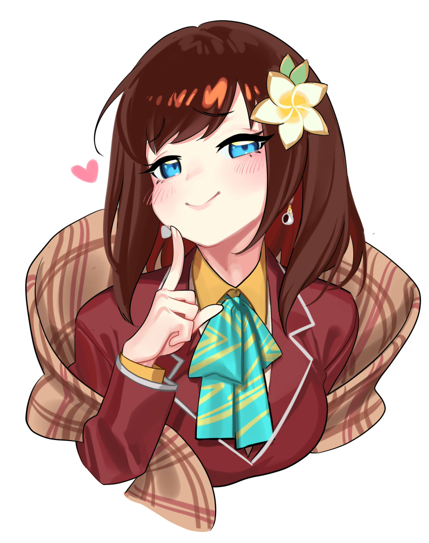 1girl absurdres bangs blazer blood blood_splatter blush bow bowtie brown_hair brown_jacket collared_shirt finger_licking flower hair_flower hair_ornament hana_macchia heart highres jacket licking looking_at_viewer nia_(nia4294) nijisanji nijisanji_id pointing pointing_at_self scarf shirt simple_background smile smug solo tongue tongue_out upper_body virtual_youtuber white_background white_shirt yellow_background