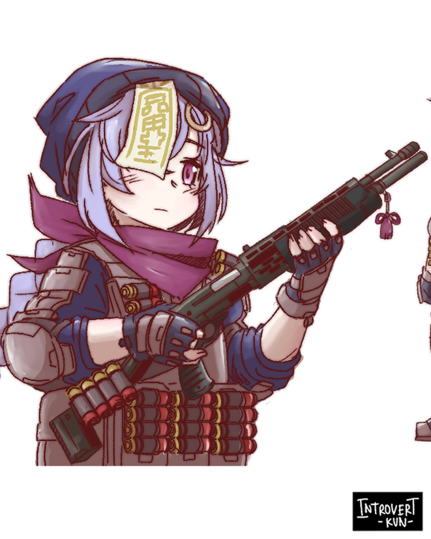 1girl alternate_costume arm_guards bangs black_gloves black_jumpsuit braid bulletproof_vest coin_hair_ornament commentary english_commentary eyebrows_visible_through_hair fingerless_gloves genshin_impact gloves gun hair_over_one_eye highres holding holding_gun holding_weapon introvert-kun jiangshi long_hair looking_at_viewer low_ponytail ofuda purple_eyes purple_hair purple_scarf qiqi_(genshin_impact) scarf shotgun shotgun_shells sidelocks simple_background single_braid solo tactical_clothes trigger_discipline weapon white_background