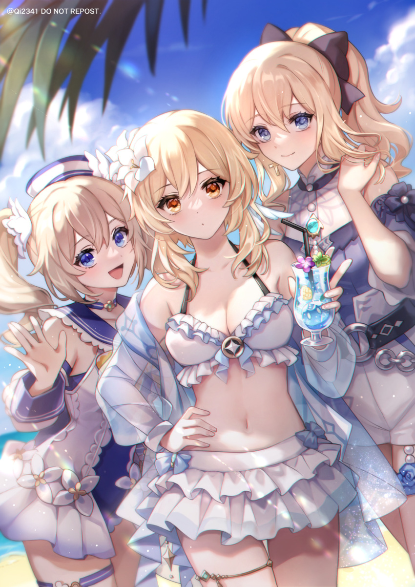 alcohol bangs barbara_(genshin_impact) barbara_(summertime_sparkle)_(genshin_impact) bare_shoulders beach bikini bikini_skirt bikini_top blonde_hair blouse blue_blouse blue_choker blue_eyes blue_sky blue_swimsuit blush bow breasts choker cleavage cup drill_hair drinking_glass drinking_straw fern genshin_impact hair_between_eyes hair_bow hand_on_hip hat high-waist_shorts high_ponytail highres jean_(genshin_impact) jean_(sea_breeze_dandelion)_(genshin_impact) looking_at_viewer lumine_(genshin_impact) medium_breasts navel official_alternate_costume one-piece_swimsuit open_mouth outdoors qi2341 sailor_hat sand shore shorts sky smile standing swimsuit thigh_strap thighlet thighs twin_drills white_headwear white_shorts yellow_eyes