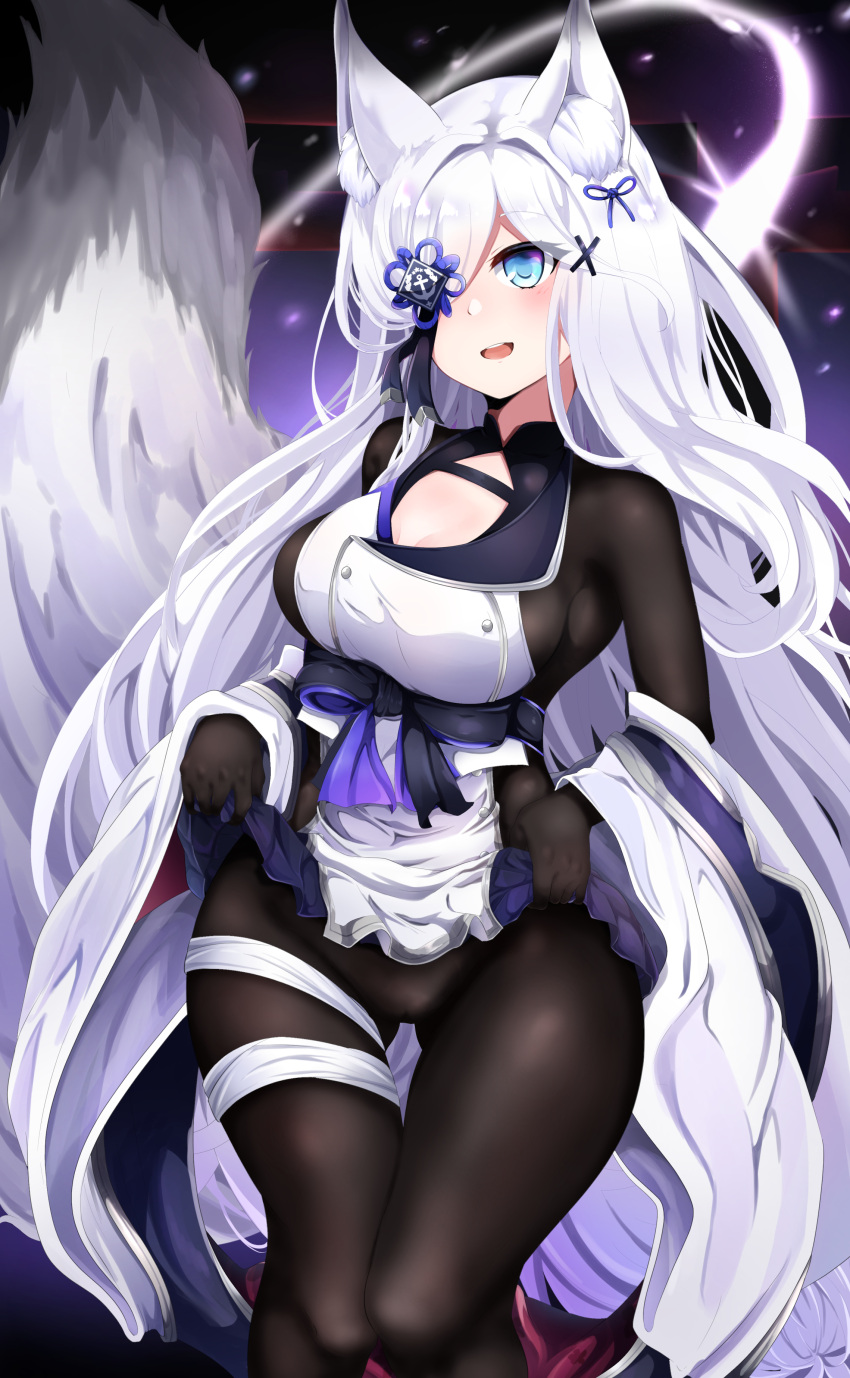 1girl absurdres anchor_symbol animal_ear_fluff animal_ears azur_lane black_bodysuit blue_eyes blush bodysuit breasts cleavage cowboy_shot flower_eyepatch fox_ears fox_tail gradient gradient_background hair_over_one_eye highres japanese_clothes kasumi_(azur_lane) kimono lifted_by_self long_hair looking_at_viewer medium_breasts neckerchief one_eye_covered open_mouth pleated_skirt purple_background retrofit_(azur_lane) sailor_collar school_uniform shirt skirt skirt_hold solo standing tadai_nu tail white_hair white_kimono