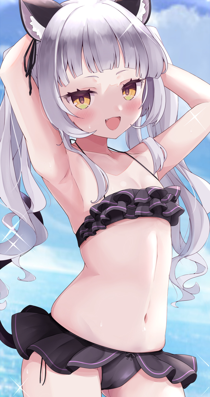 1girl :d absurdres animal_ears armpits arms_up bangs bikini bikini_skirt black_bikini blonde_hair blue_sky blunt_bangs blush breasts cat_ears cat_girl cat_tail cleavage cocozasa collarbone cowboy_shot day fang highres hololive long_hair looking_at_viewer murasaki_shion navel open_mouth outdoors silver_hair sky small_breasts smile solo sparkle stomach swimsuit tail twintails