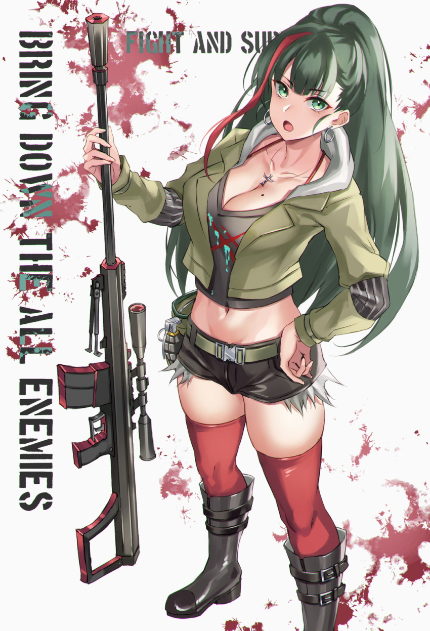 1girl anti-materiel_rifle bangs belt_pouch black_footwear black_shorts blunt_bangs boots bra_strap breasts cleavage collarbone commentary_request crop_top cropped_jacket cross cross_necklace cutoffs earrings english_text engrish_text explosive eyebrows_visible_through_hair full_body green_belt green_eyes green_hair green_jacket grenade grey_shirt groin gun high_ponytail highres holding holding_gun holding_weapon hoop_earrings inue_ao jacket jewelry knee_boots large_breasts long_hair long_sleeves looking_at_viewer midriff mole mole_on_breast multicolored_hair navel necklace open_clothes open_jacket open_mouth original ponytail pouch ranguage red_hair red_legwear rifle shirt short_shorts shorts sidelocks skindentation sniper_rifle solo standing streaked_hair thighhighs two-tone_hair weapon white_background