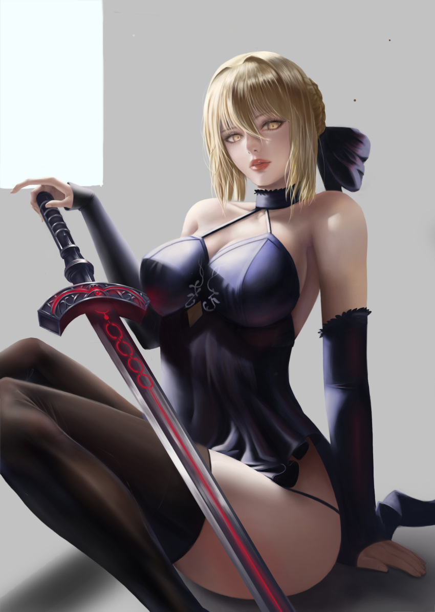 1girl absurdres artoria_pendragon_(all) bangs bare_shoulders black_dress blonde_hair braid breasts bridal_gauntlets choker dress fate/grand_order fate_(series) french_braid hair_between_eyes hair_ribbon highres holding holding_sword holding_weapon large_breasts looking_at_viewer pmy00 ribbon saber_alter solo sword thighhighs thighs weapon yellow_eyes
