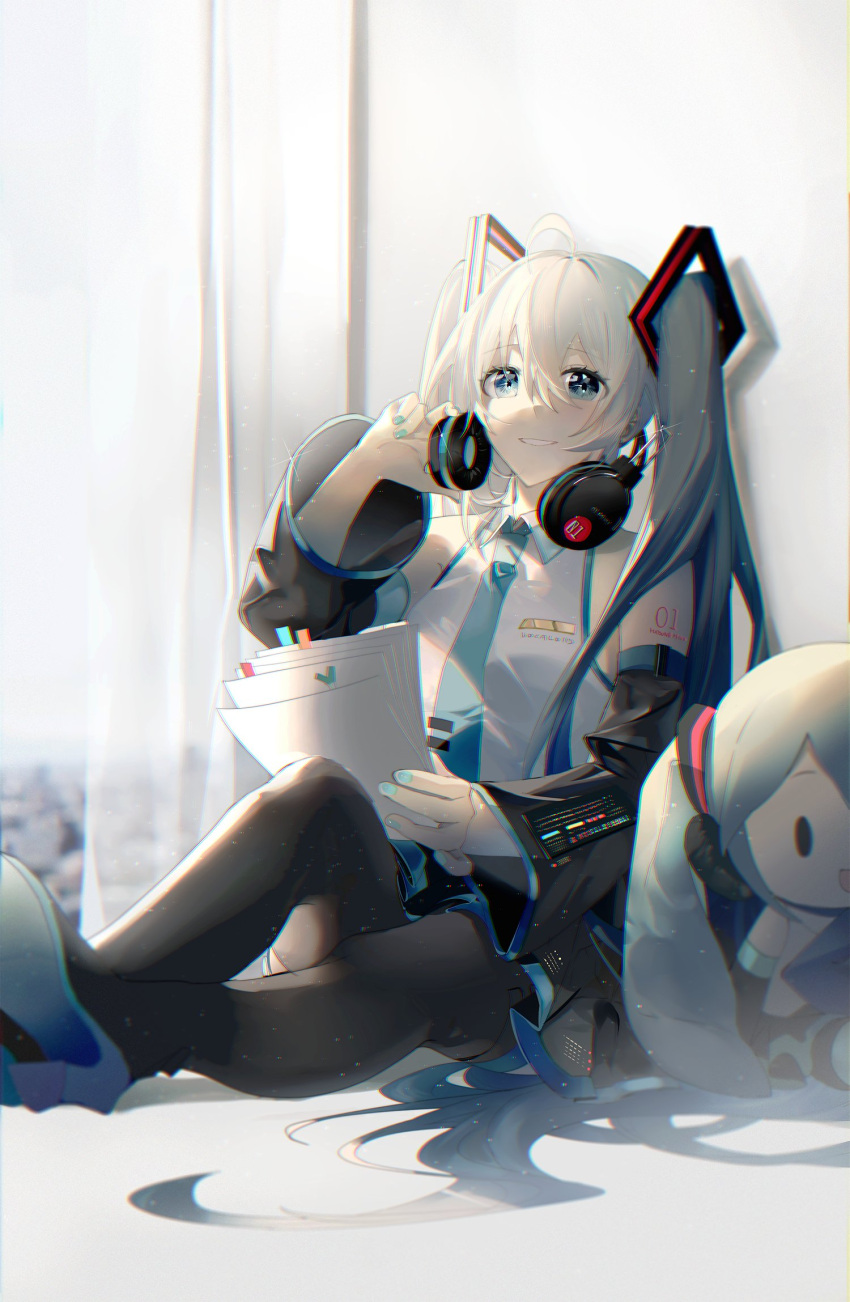 1girl adjusting_headphones ahoge aqua_eyes aqua_hair aqua_nails aqua_neckwear bare_shoulders black_legwear black_skirt black_sleeves blurry blurry_background character_doll commentary curtains detached_sleeves grey_shirt grin hair_ornament hand_on_headphones hatsune_miku headphones headphones_around_neck highres holding holding_paper light_particles long_hair looking_at_viewer miniskirt nail_polish necktie nura_orimoto paper pleated_skirt shirt shoulder_tattoo sidelighting sitting skirt sleeveless sleeveless_shirt smile solid_oval_eyes solo spring_onion tattoo thighhighs twintails very_long_hair vocaloid window