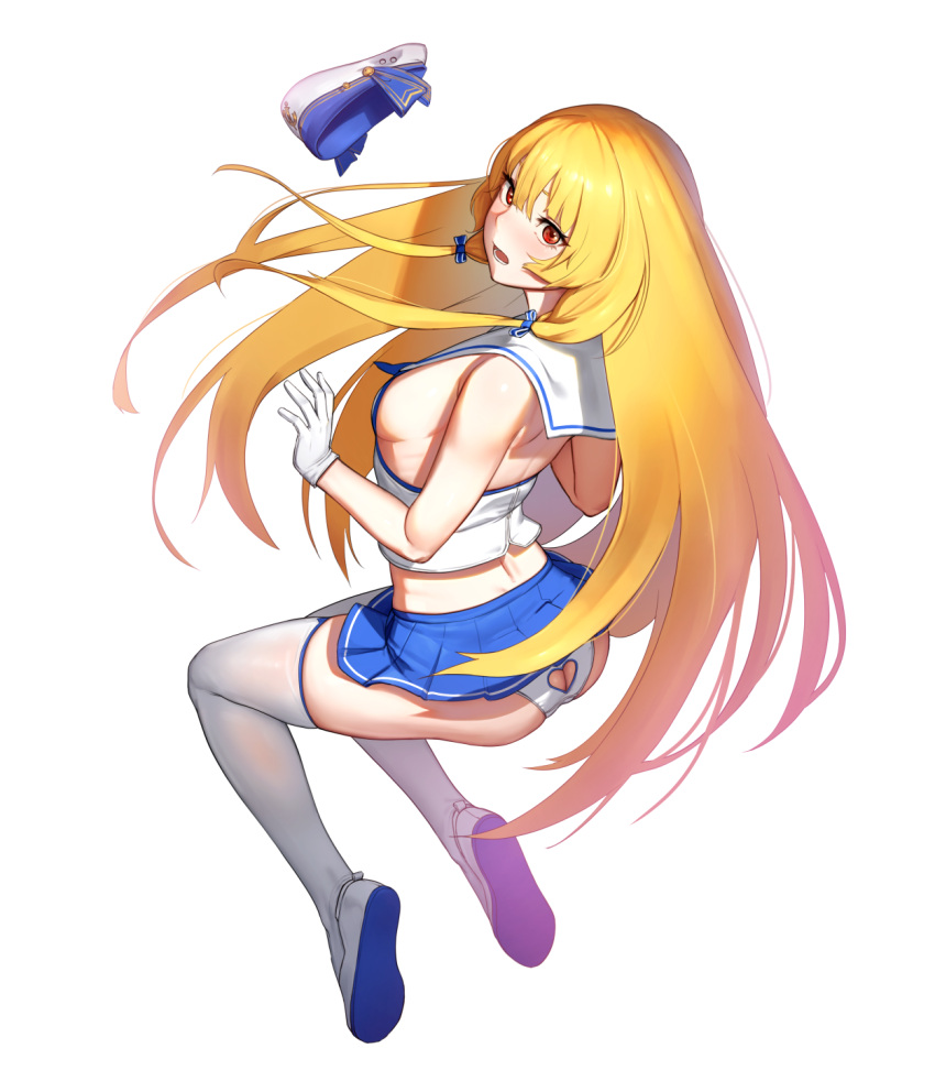 1girl ag-2c_sirene ass_cutout bangs beeeeen blonde_hair blue_skirt blush clothing_cutout from_behind hat hat_loss hat_removed headwear_removed highres last_origin long_hair looking_at_viewer looking_back panties pleated_skirt red_eyes sailor sailor_hat skirt solo thighhighs underwear very_long_hair white_background white_legwear