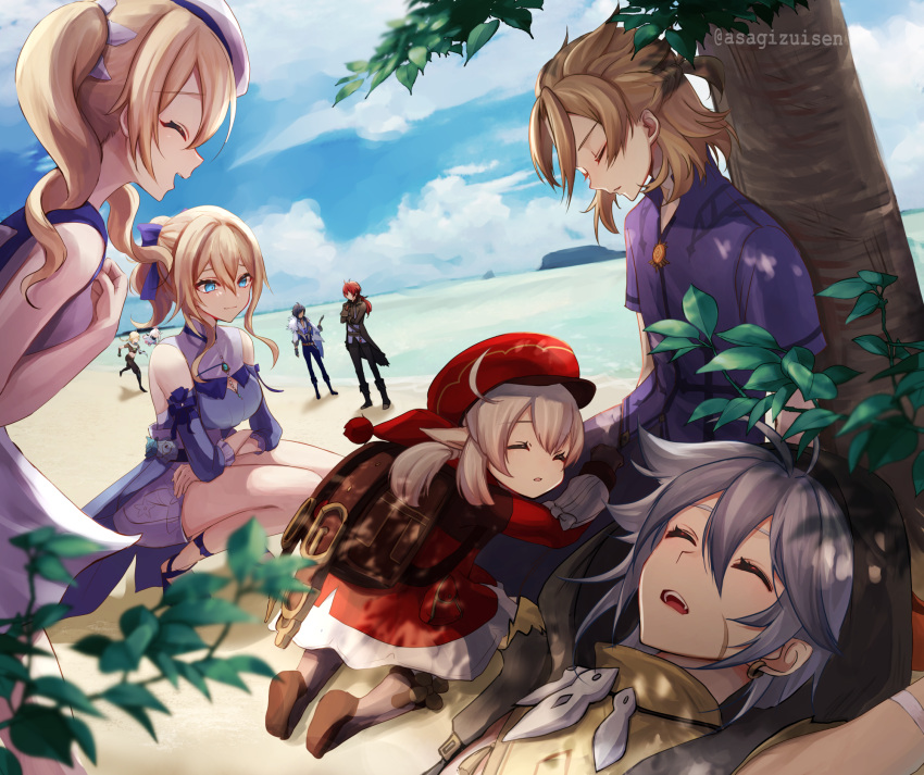 4girls 5boys :d ^_^ ^o^ aether_(genshin_impact) ahoge albedo_(genshin_impact) asagizuisen backpack bag bangs barbara_(genshin_impact) barbara_(summertime_sparkle)_(genshin_impact) barefoot beach black_hair blue_eyes blue_sky boots braid brown_footwear brown_hair cabbie_hat closed_eyes cloud cloudy_sky commentary_request detached_sleeves diluc_(genshin_impact) drill_hair eyebrows_visible_through_hair eyepatch floating fur_scarf genshin_impact hair_between_eyes hat highres hooded_coat horizon island jean_(genshin_impact) jean_(sea_breeze_dandelion)_(genshin_impact) kaeya_(genshin_impact) klee_(genshin_impact) knee_boots kneehighs light_brown_hair long_hair low_ponytail low_twintails lying_on_person multiple_boys multiple_girls ocean open_mouth paimon_(genshin_impact) parted_lips pointy_ears randoseru razor_(genshin_impact) red_hair scar scar_on_cheek scar_on_face sidelocks silver_hair single_braid sky sleeping sleeping_on_person smile squatting twin_drills twintails vision_(genshin_impact) white_hair