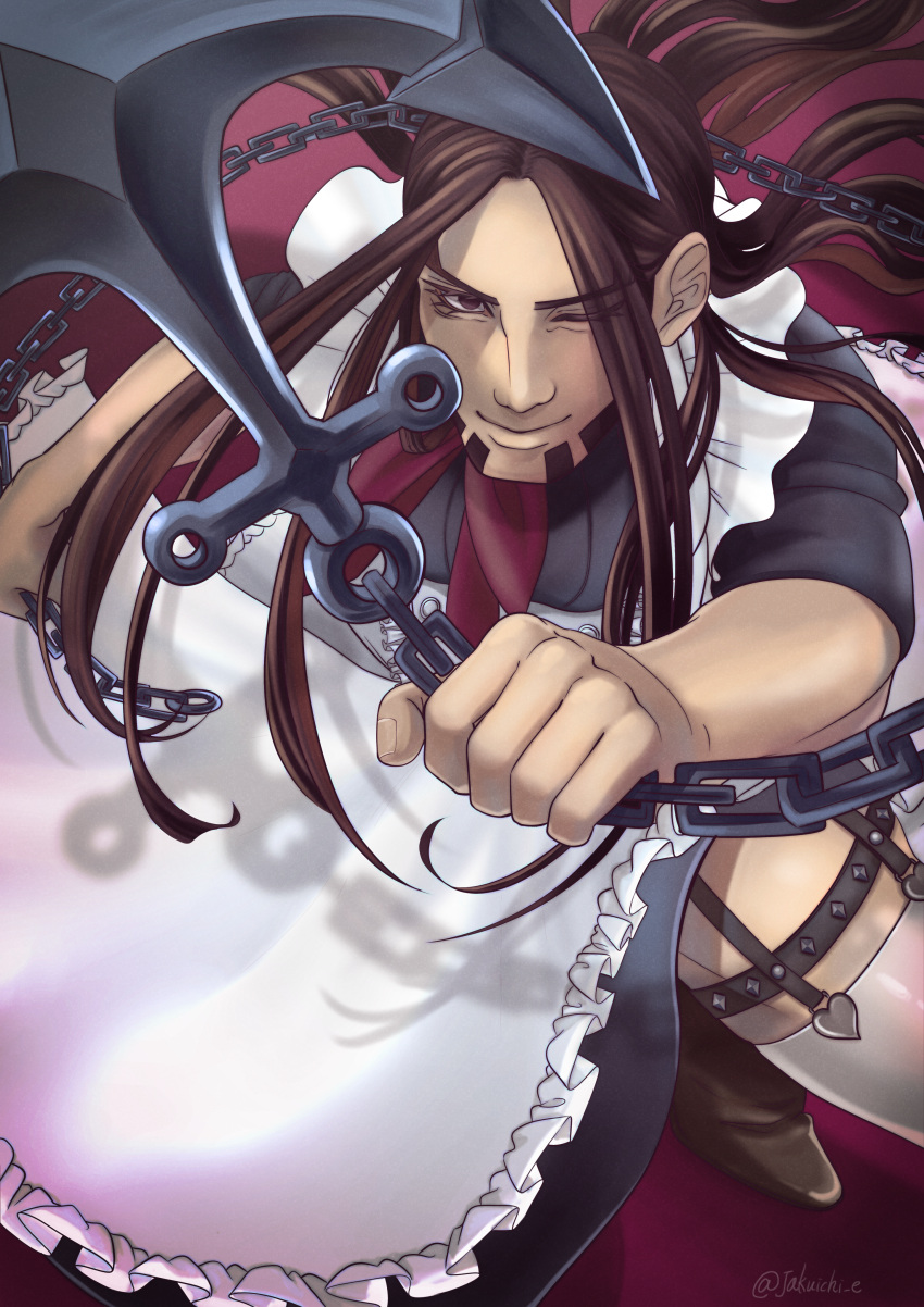 1boy absurdres alternate_costume anchor beard brown_footwear brown_hair chain enmaided facial_hair garter_straps golden_kamuy highres holding holding_weapon huge_filesize long_hair maid maid_day male_focus one_eye_closed oosawa_fusatarou purple_background purple_neckwear short_sleeves simple_background solo thighhighs twitter_username very_long_hair weapon white_legwear xishi_(jakuichi_e)