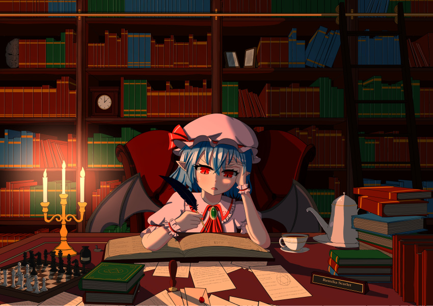 1girl absurdres ascot bad_proportions bangs bat_wings blue_hair book book_stack bookshelf brooch candle candlelight candlestand chair character_name chessboard clock commentary_request cup dress expressionless frilled_shirt_collar frills hair_between_eyes hand_on_forehead hat hat_ribbon hexagram highres holding_quill inkwell jewelry jojo_no_kimyou_na_bouken looking_down open_mouth paper pink_dress pink_headwear pointy_ears puffy_short_sleeves puffy_sleeves red_eyes red_neckwear red_ribbon remilia_scarlet ribbon saucer sessei_(pksx8824) short_hair short_sleeves sitting slit_pupils solo star_of_david stone_mask_(jojo) tea teacup teapot touhou upper_body wings wrist_cuffs writing