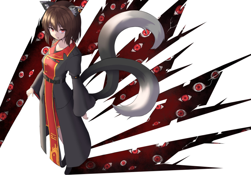 1girl :/ allcy49 alternate_costume animal_ear_fluff animal_ears bangs belt black_dress breasts brown_hair cat_ears cat_tail chen collarbone commentary_request crack dress earrings eyes from_above full_body gold_trim hair_between_eyes highres jewelry long_sleeves looking_at_viewer medium_breasts multiple_tails nekomata no_hat no_headwear parted_lips red_eyes red_tabard short_hair simple_background single_earring slit_pupils solo standing tail touhou two_tails white_background wide_sleeves yin_yang yin_yang_print