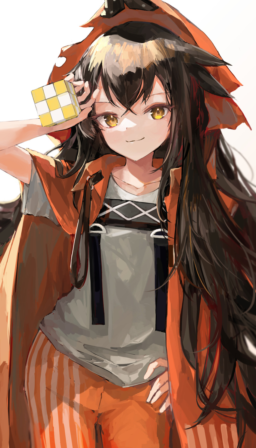 1girl arknights brown_hair collarbone commentary cowboy_shot hand_on_hip hat highres holding hood hood_up horns ichika_(ichika87) jacket kafka_(arknights) long_hair looking_at_viewer official_alternate_costume open_clothes open_jacket orange_eyes orange_jacket orange_pants pants prison_clothes rubik's_cube shirt simple_background smile solo standing very_long_hair white_background white_shirt