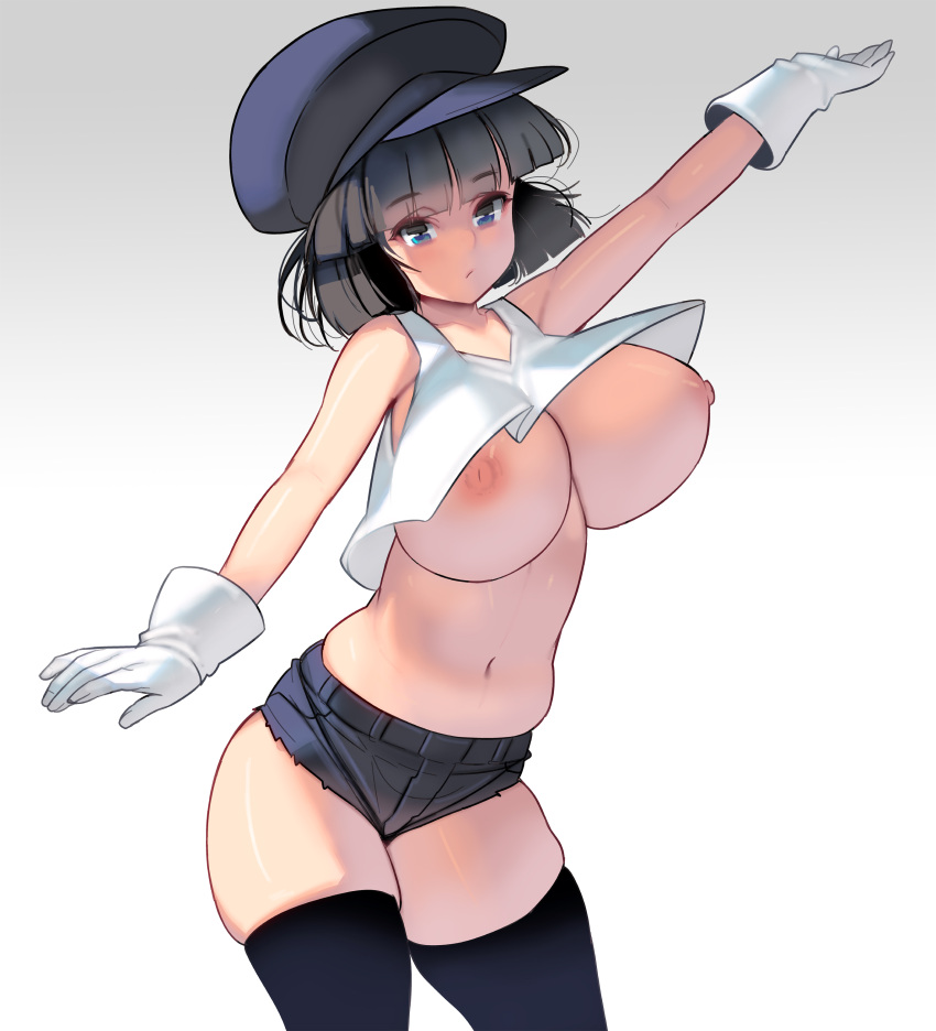 1girl absurdres bangs black_hair black_legwear blue_eyes blunt_bangs breasts eyebrows_visible_through_hair gloves hat highres huge_breasts long_hair looking_at_viewer masao navel nipples no_bra original outstretched_arms short_hair short_shorts shorts solo spread_arms tank_top thighhighs white_background white_gloves