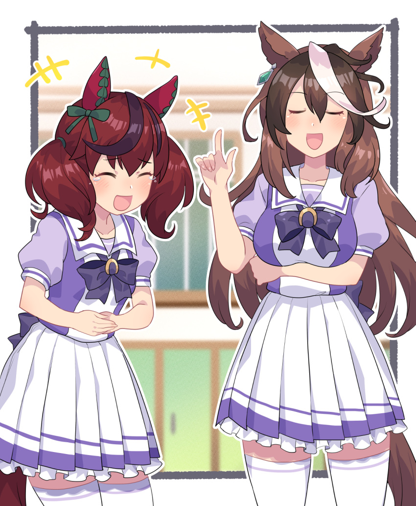 2girls animal_ears blurry blurry_background blush closed_eyes hair_between_eyes hair_ornament hands_on_stomach highres horse_ears horse_girl horse_tail laughing long_hair medium_hair multicolored_hair multiple_girls nice_nature_(umamusume) open_mouth red_hair school_uniform symboli_rudolf_(umamusume) tail tears thighhighs tomoyohi umamusume