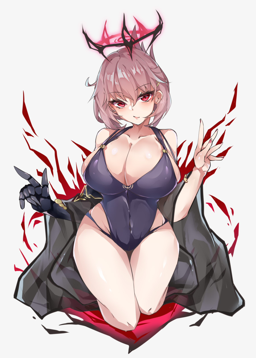 1girl absurdres azur_lane bangs black_swimsuit breasts cleavage curvy duca_degli_abruzzi_(azur_lane) eyebrows_visible_through_hair halo highres kive kneeling large_breasts looking_at_viewer mechanical_arms naughty_face pink_hair plump prosthesis prosthetic_arm red_eyes robe robe_slip seductive_smile see-through short_hair simple_background single_mechanical_arm skin_tight skindentation smile solo swimsuit thigh_gap thighs