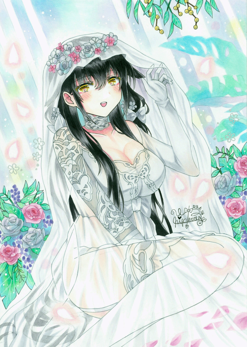 1girl :d absurdres azuma_(azur_lane) azuma_(lily-white_longing)_(azur_lane) azur_lane black_hair blue_flower blue_rose blush breasts bridal_veil bride choker cleavage collarbone commentary_request dress dutch_angle elbow_gloves flower gloves hair_over_shoulder highres large_breasts long_hair looking_at_viewer official_alternate_costume open_mouth red_flower red_rose rose see-through_dress signature sitting smile solo thighhighs traditional_media veil wedding_dress whipberry white_choker white_dress white_gloves white_legwear yellow_eyes