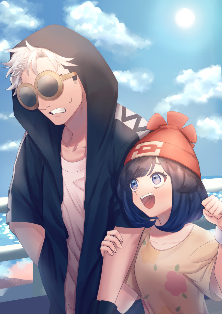 1boy 1girl :d absurdres beanie black_hair black_jacket clenched_hand cloud collarbone commentary_request day eyelashes fence floral_print grey_eyes guzma_(pokemon) hat highres hood hood_up hooded_jacket jacket multicolored_hair open_mouth orange_headwear outdoors pokemon pokemon_(game) pokemon_sm selene_(pokemon) shirt short_sleeves sky smile sun sunglasses sweatdrop t-shirt team_skull tongue two-tone_hair undercut upper_teeth white_hair white_shirt yellow-framed_eyewear yellow_shirt yoshiyoshiwa