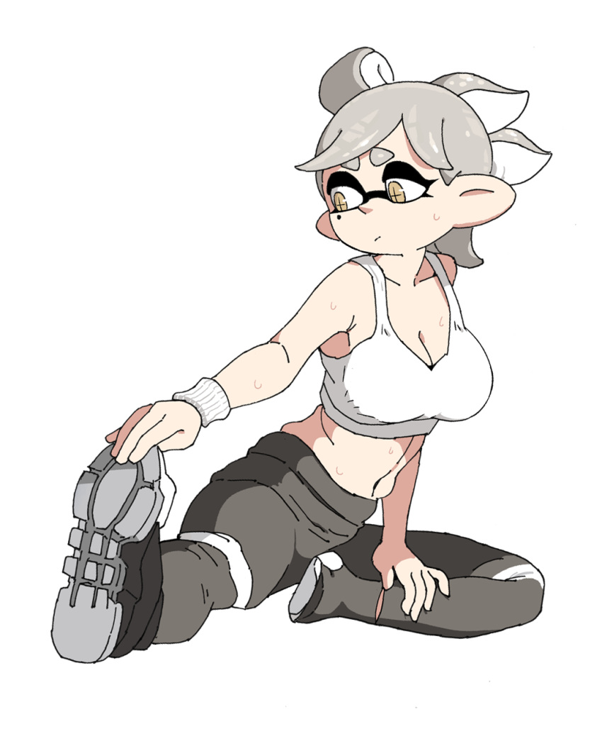 +_+ 1girl breasts brown_eyes cleavage domino_mask grey_hair grey_pants highres large_breasts marie_(splatoon) mask medium_hair mole mole_under_eye navel pants shoes simple_background skindentation solo splatoon_(series) sports_bra stretch sweat white_background white_sports_bra yuta_agc