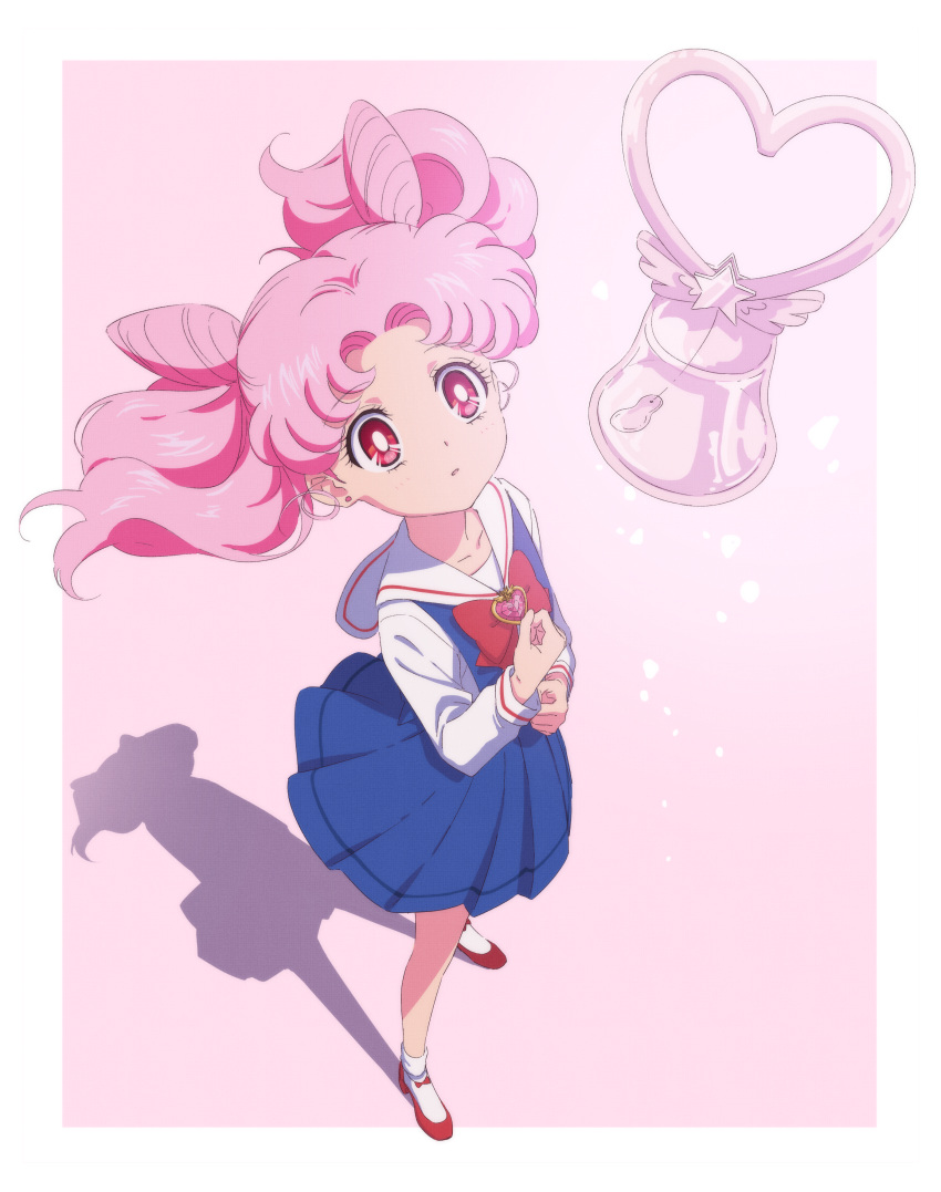 1girl absurdres animehyein bell bishoujo_senshi_sailor_moon blue_skirt bow brooch chibi_usa crystal_carillon double_bun earrings floating_hair from_above full_body heart highres jewelry long_hair looking_up official_style pink_background pink_eyes pink_hair pleated_skirt red_bow red_footwear sailor_collar school_uniform serafuku shadow skirt solo standing staring stud_earrings suspender_skirt suspenders twintails white_legwear white_sailor_collar