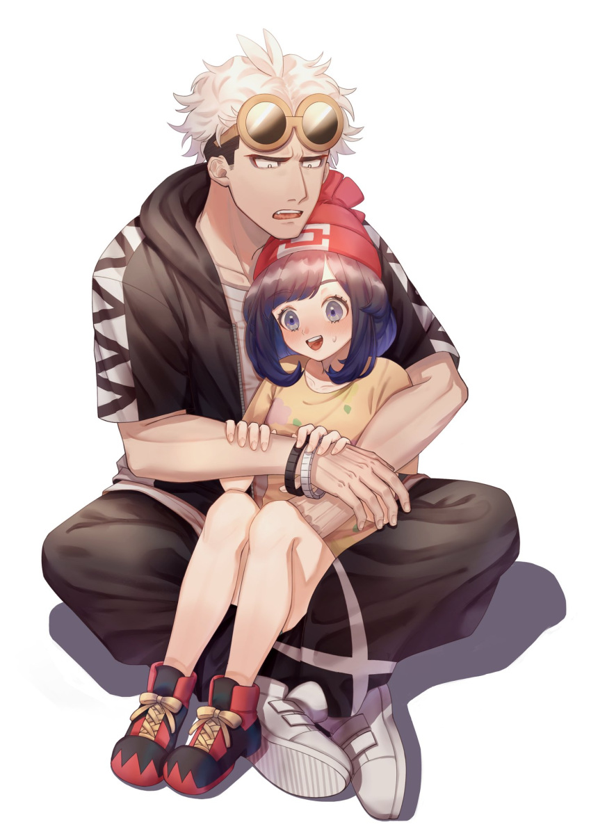 1boy 1girl :d bare_legs beanie black_hair blush bracelet commentary_request eyelashes eyewear_on_head floral_print grey_eyes grey_footwear guzma_(pokemon) hat highres hood hooded_jacket jacket jewelry multicolored_hair open_mouth pants pokemon pokemon_(game) pokemon_sm red_headwear selene_(pokemon) shirt shoes short_sleeves sitting sitting_on_lap sitting_on_person smile sneakers sunglasses sweatdrop team_skull tongue two-tone_hair undercut upper_teeth white_background white_hair yellow-framed_eyewear yoshiyoshiwa