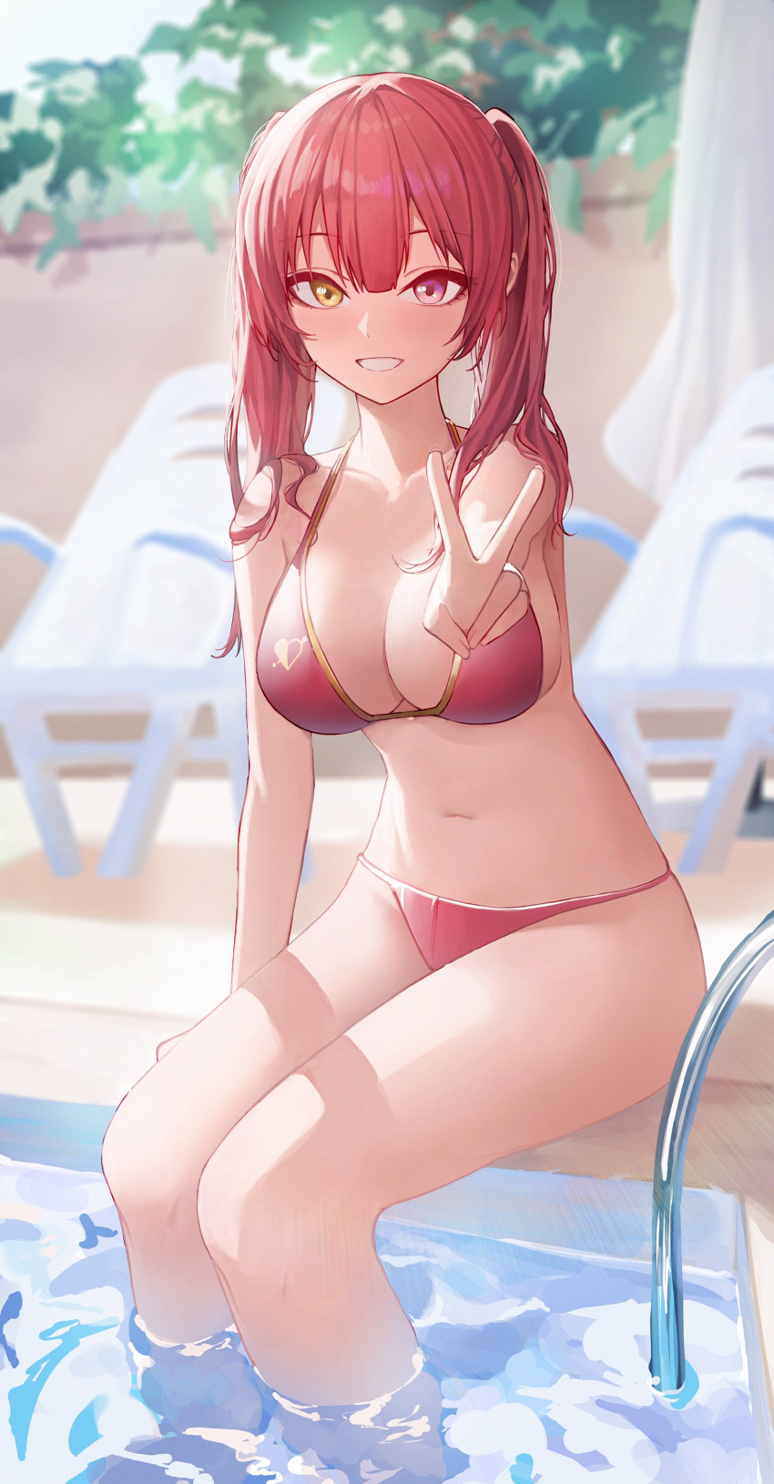 1girl absurdres bangs bikini blunt_bangs breasts clenched_teeth commentary_request eyebrows_visible_through_hair heterochromia highres hololive houshou_marine large_breasts navel pink_eyes pool red_bikini red_hair short_hair sitting solo starblue swimsuit teeth twintails v virtual_youtuber water yellow_eyes