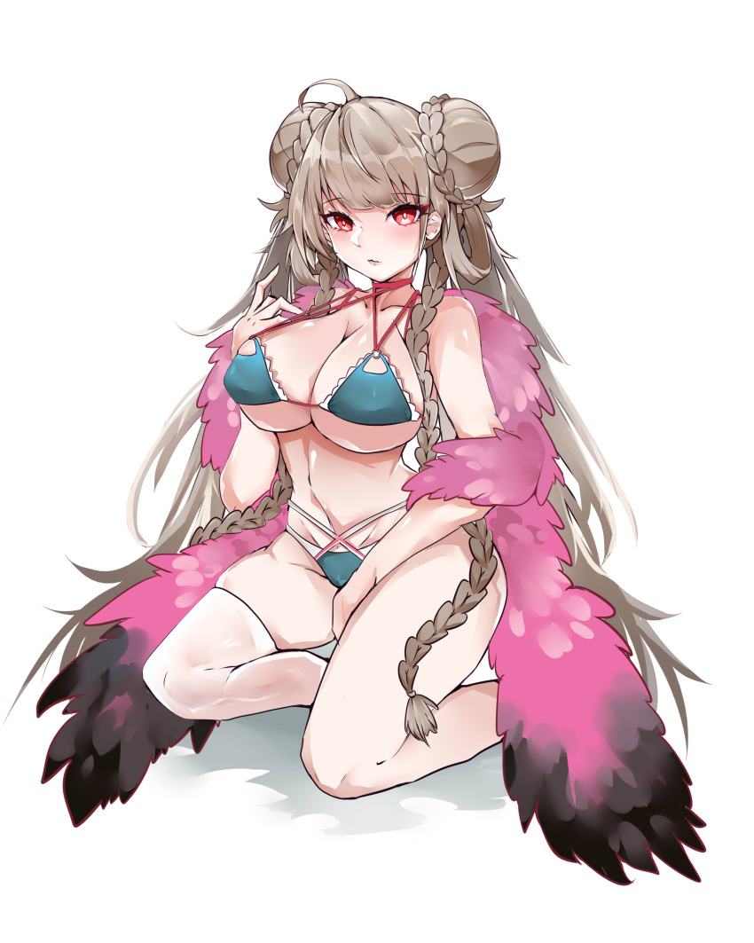 1girl absurdres arched_back azur_lane between_legs bikini blue_bikini braid braided_bun breasts cleavage curvy double_bun eyebrows_visible_through_hair formidable_(azur_lane) formidable_(the_lady_of_the_beach)_(azur_lane) fur-trimmed_sleeves fur_trim hand_between_legs highres kive large_breasts looking_at_viewer navel plump red_eyes simple_background single_thighhigh sitting skin_tight skindentation solo strap swimsuit thick_thighs thighhighs thighs twin_braids underboob undersized_clothes white_hair white_legwear