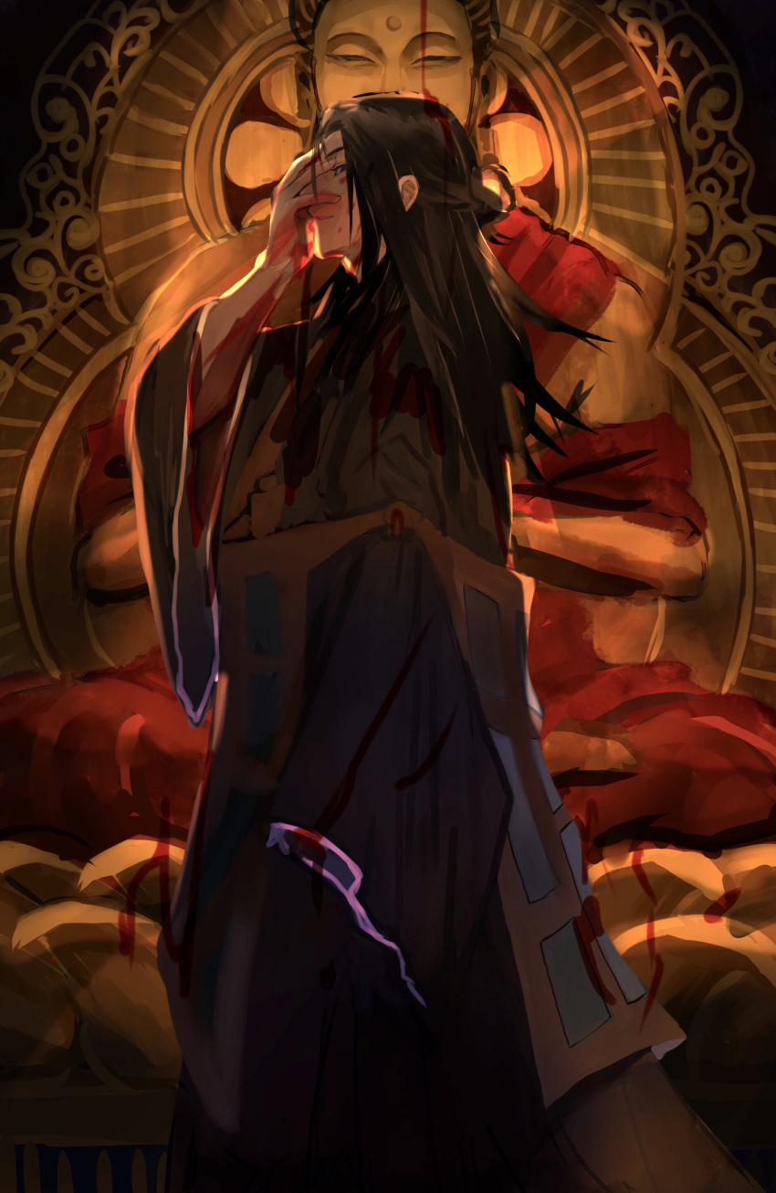 1boy absurdres arm_up black_eyes black_hair black_kimono blood blood_on_face bloody_clothes bloody_hands buddha buddhism covered_mouth facial_mark feet_out_of_frame forehead_mark getou_suguru hair_bun half-closed_eyes hand_on_own_face highres japanese_clothes jujutsu_kaisen kimono long_hair long_sleeves looking_at_viewer lotus_pedestal lotus_position male_focus ogura_aoi sash sitting solo standing statue tsurime wide_sleeves