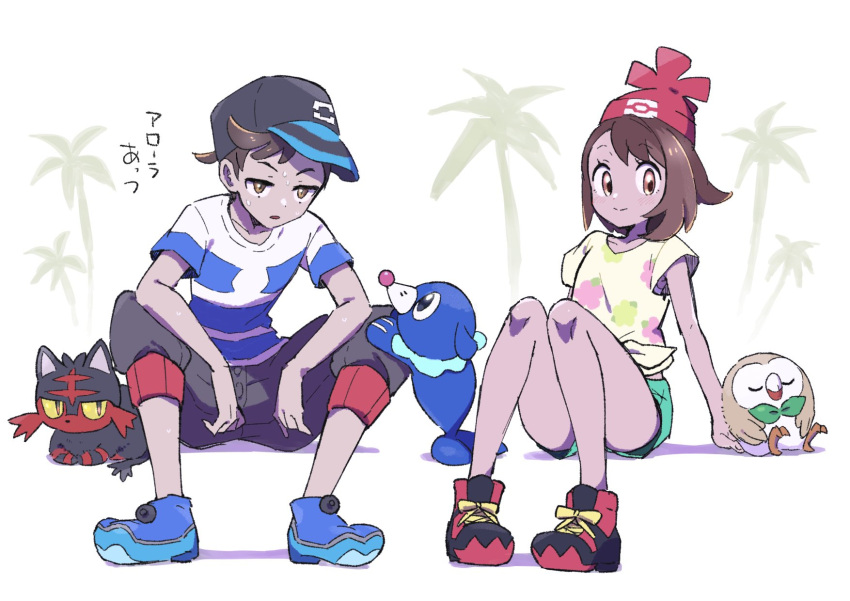 1boy 1girl arm_support bangs baseball_cap beanie black_headwear blue_footwear brown_eyes brown_hair capri_pants closed_mouth cosplay elio_(pokemon) elio_(pokemon)_(cosplay) eyelashes floral_print gen_7_pokemon gloria_(pokemon) green_shorts hat highres hot litten mikanbako_(aitatadon3) palm_tree pants pokemon pokemon_(creature) pokemon_(game) pokemon_sm pokemon_swsh popplio red_headwear rowlet selene_(pokemon) selene_(pokemon)_(cosplay) shirt shoes short_hair short_shorts short_sleeves shorts sitting smile starter_pokemon_trio striped striped_shirt sweat symbol_commentary t-shirt tied_shirt tree victor_(pokemon)