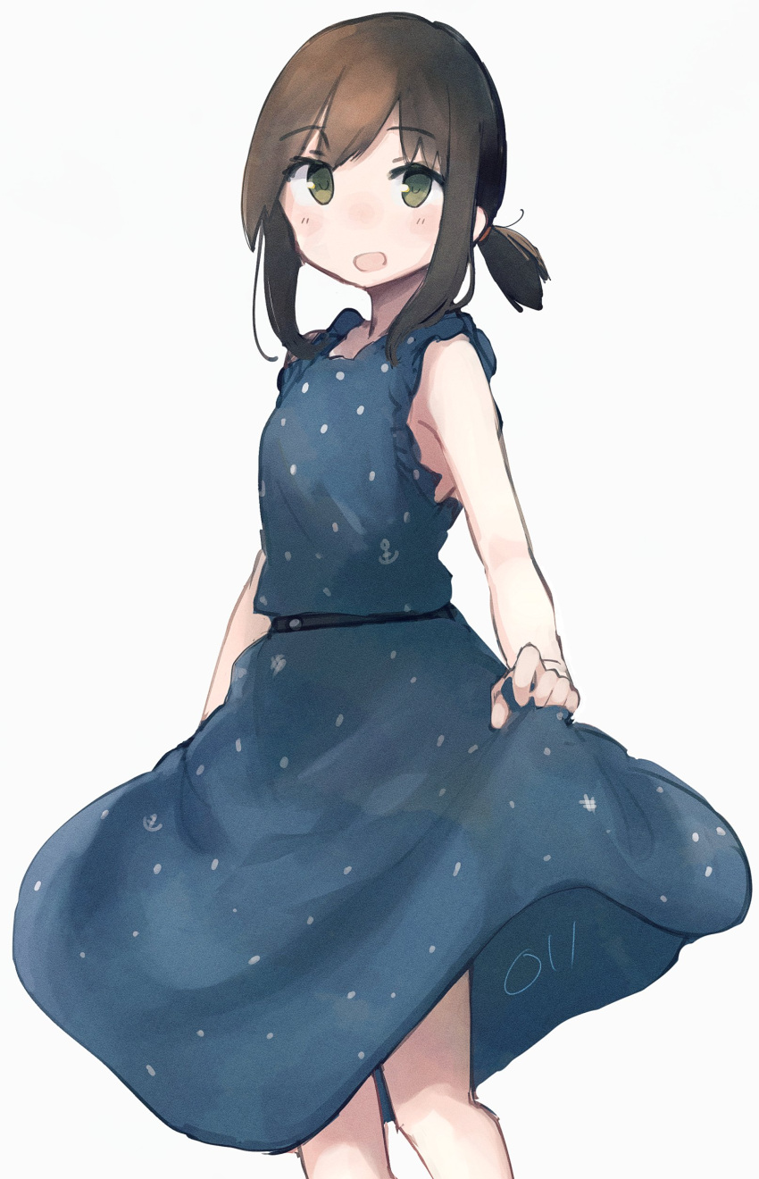 1girl absurdres anchor_symbol black_hair blue_dress blush dress eyebrows_visible_through_hair feet_out_of_frame fubuki_(kancolle) green_eyes highres kantai_collection ma_rukan open_mouth short_hair short_ponytail signature simple_background sleeveless sleeveless_dress solo white_background