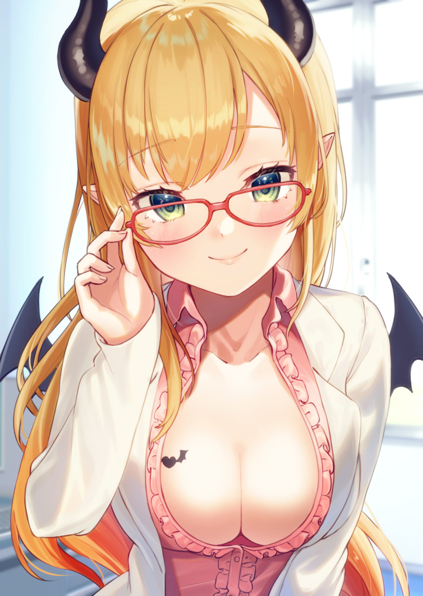 1girl blonde_hair blush breast_tattoo breasts center_frills cleavage closed_mouth collarbone demon_girl demon_horns demon_wings frills glasses green_eyes hand_on_eyewear highres hiyorou hololive horns indoors labcoat long_hair long_sleeves looking_at_viewer medium_breasts no_bra open_clothes open_shirt pink_lips pink_shirt pointy_ears red-framed_eyewear shirt smile solo tattoo upper_body very_long_hair virtual_youtuber wings yuzuki_choco