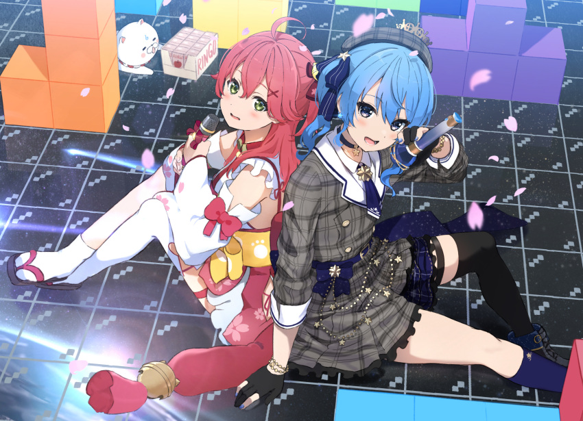 2girls :d ahoge back-to-back bell beret black_footwear black_gloves black_legwear blue_bow blue_eyes blue_hair blue_legwear blue_nails bow detached_sleeves frilled_skirt frills gloves green_eyes grey_headwear grey_jacket grey_skirt hair_bell hair_bow hair_ornament hat highres holding holding_microphone hololive hoshimachi_suisei icehotmilktea jacket japanese_clothes jingle_bell kimono long_hair long_sleeves looking_at_viewer microphone mismatched_legwear multiple_girls nail_polish obi open_mouth partially_fingerless_gloves plaid plaid_headwear plaid_jacket plaid_skirt red_bow red_hair sakura_miko sash side_ponytail single_sock single_thighhigh sitting skirt sleeveless sleeveless_kimono smile socks striped striped_bow tetris thighhighs virtual_youtuber white_kimono white_legwear white_sleeves wide_sleeves x_hair_ornament zouri