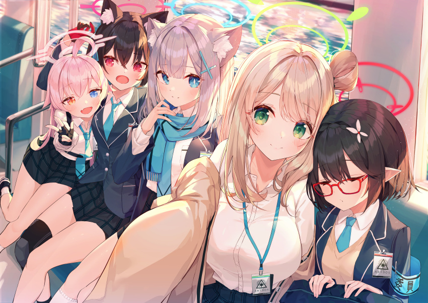 aliasing animal_ears blue_archive blush brown_hair catgirl glasses gray_hair green_eyes group halo izayoi_nonomi kuromi_serika long_hair munseonghwa okusora_ayane pink_hair pointed_ears red_eyes scarf school_uniform short_hair skirt sleeping sunaookami_shiroko takanashi_hoshino tie train water