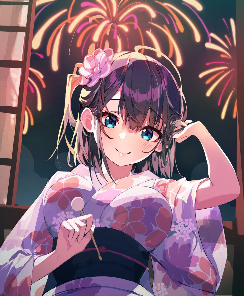 1girl absurdres adjusting_hair arm_up bangs black_hair blue_eyes breasts eyebrows_visible_through_hair eyes_visible_through_hair fireworks floral_print flower hair_between_eyes hair_flower hair_ornament highres huge_filesize japanese_clothes kimono large_breasts looking_at_viewer munseonghwa obi one_side_up original purple_kimono sash short_hair smile solo upper_body wide_sleeves yukata