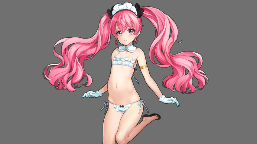 bikini collar ector_(eiyuu_senki) eiyuu_senki eiyuu_senki_ww gloves headband highres navel official_art oyari_ashito pink_eyes pink_hair shoes side-tie_bikini swimsuit twintails white_bikini white_gloves