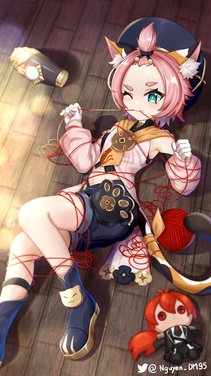 1girl animal_ears animal_print armpits baggy_shorts bangs bangs_pinned_back black_footwear black_shorts bottle bound cat_ears cat_girl cat_print cat_tail character_doll choker commentary_request detached_sleeves diona_(genshin_impact) dm_(nguyen_dm95) genshin_impact green_eyes hat highres lying mouth_hold navel one_eye_closed pink_hair red_yarn short_hair shorts sidelocks solo tail thick_eyebrows tied_up twitter_username vision_(genshin_impact) wooden_floor yarn yarn_ball