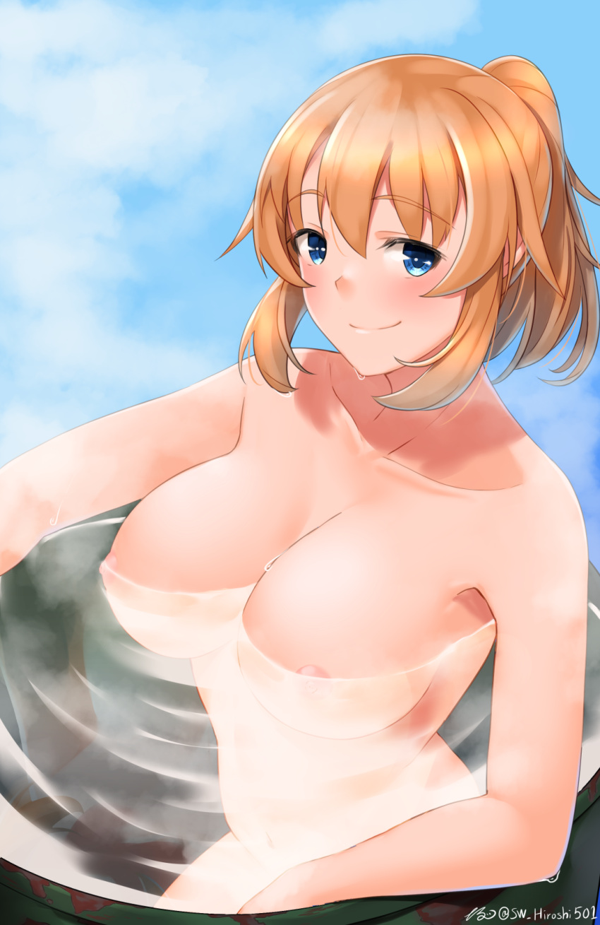 1girl artist_name barrel bathing blue_eyes blush breasts charlotte_e._yeager closed_mouth collarbone highres hiroshi_(hunter-of-kct) large_breasts looking_at_viewer nipples nude orange_hair outdoors ponytail shiny shiny_hair sky smile solo strike_witches sweat world_witches_series