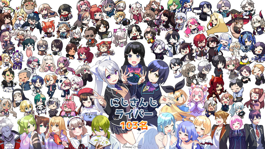 6+girls absurdres brown_cardigan cardigan chibi elu_(nijisanji) everyone fumino_tamaki fushimi_gaku gilzaren_iii grey_hair hair_ornament hairclip highres higuchi_kaede hoshikawa_sara jk_gumi_(nijisanji) kenmochi_touya kitasaya_ai lize_helesta long_hair makaino_ririmu moira_(nijisanji) mole mole_under_eye morinaka_kazaki multiple_girls nijisanji ponytail purple_neckwear sasaki_saku school_uniform shibuya_hajime shiina_yuika shizuka_rin suzuhara_lulu suzuya_aki tsukino_mito very_long_hair virtual_youtuber yuuki_chihiro