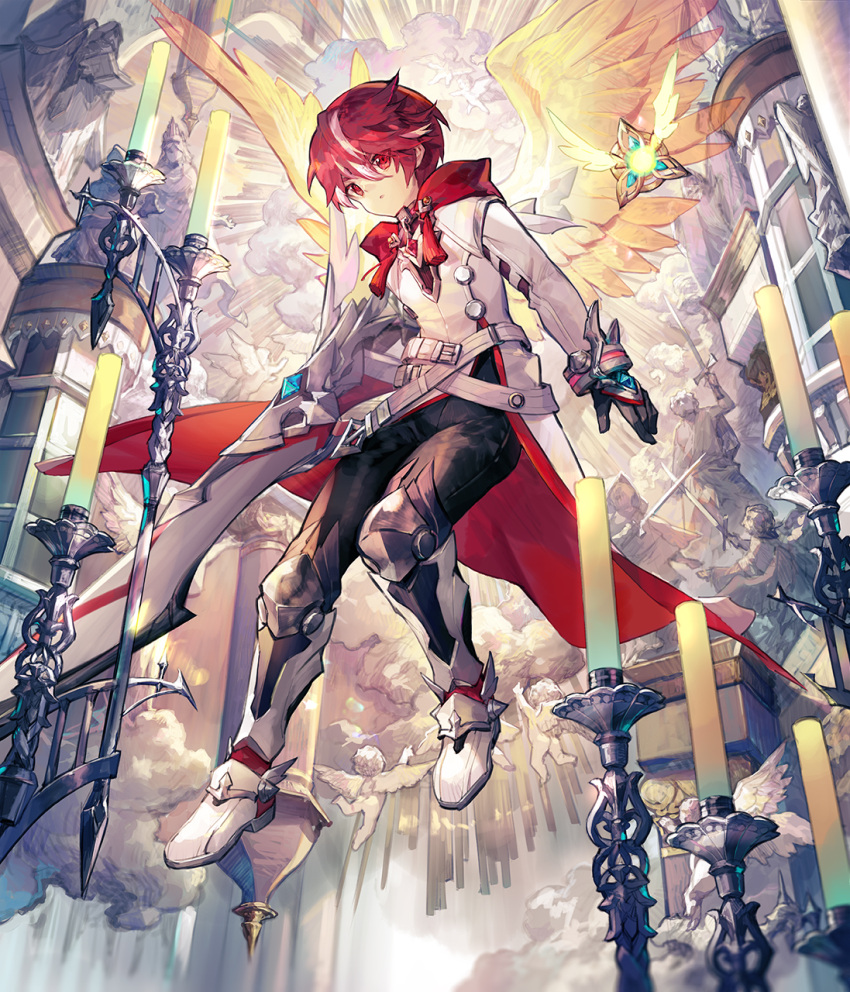 1boy angel_wings belt black_gloves black_legwear boots candle cape cherub elsword elsword_(character) floating full_body gloves highres holding holding_sword holding_weapon jacket male_focus multicolored_hair pants parted_lips red_eyes red_hair scorpion5050 streaked_hair sword weapon white_footwear white_hair white_jacket wings