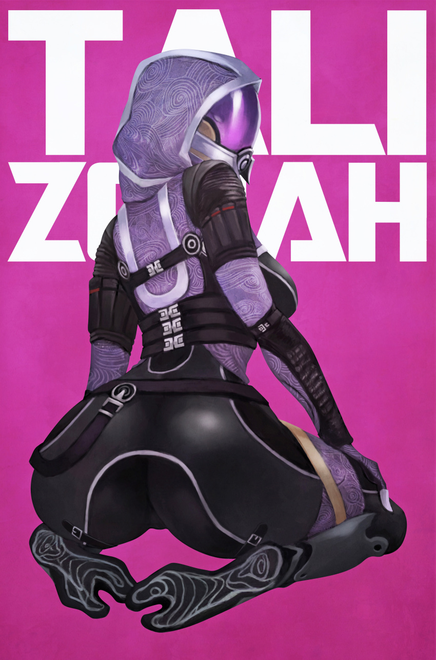 1girl absurdres alien ass back bodysuit character_name covered_face fewer_digits from_behind helmet highres hood hood_up kneeling looking_at_viewer looking_back mass_effect monori_rogue pink_background quarian solo tali'zorah thigh_gap