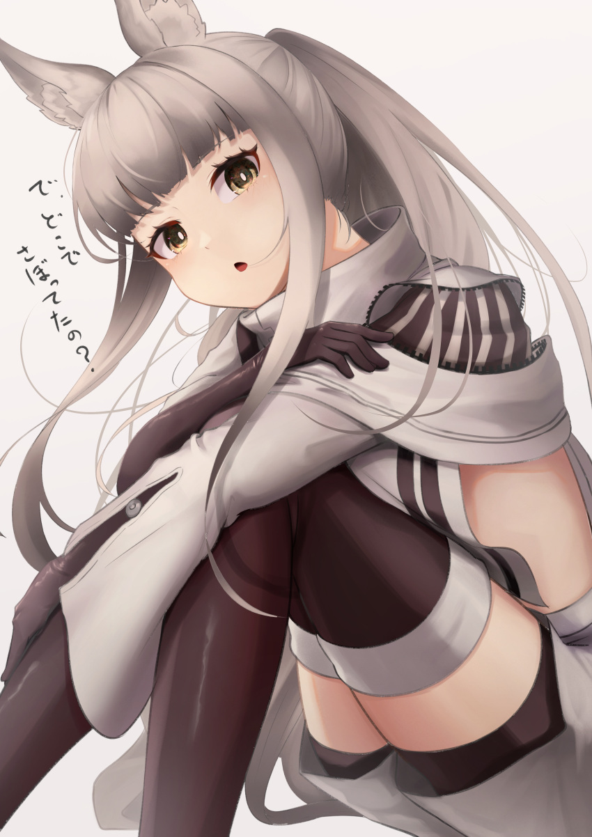 1girl absurdres animal_ear_fluff animal_ears arknights black_gloves black_legwear brown_eyes chestnut_mouth commentary_request elbow_gloves eyebrows_visible_through_hair gloves highres hitsuji_no_rice horse_ears jacket knees_together_feet_apart knees_up long_hair looking_at_viewer open_mouth platinum_(arknights) ponytail silver_eyes silver_hair simple_background sitting solo thighhighs thighs translation_request white_jacket