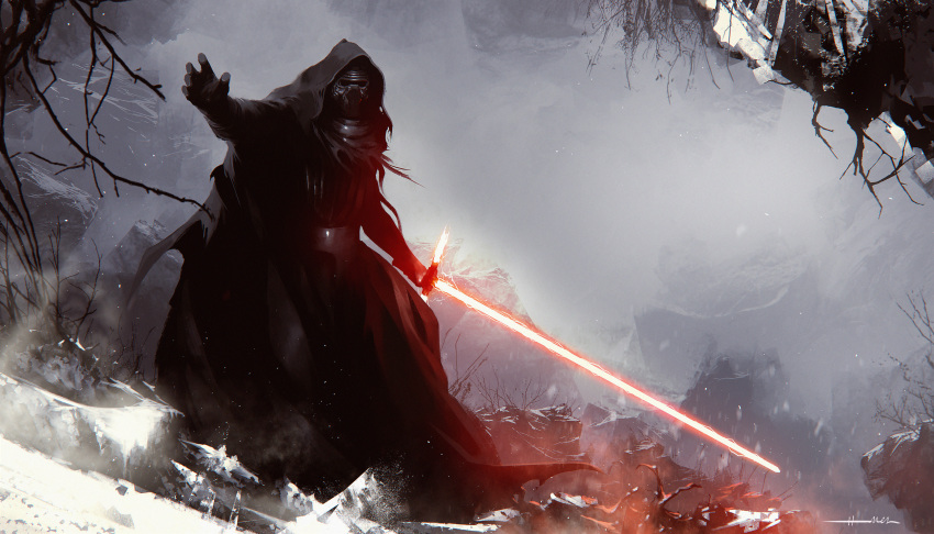 1boy absurdres black_gloves black_robe commentary energy_sword facing_viewer fog gloves hand_up helmet highres hood kalmahul kylo_ren lightsaber male_focus mask nature outdoors science_fiction shiny sith snow solo star_wars sword tree weapon