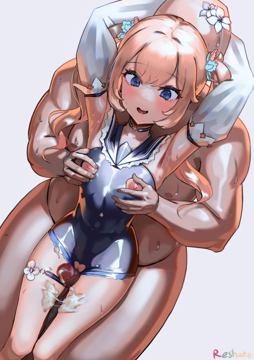 1boy 1girl absurdres armpits arms_up bald barbara_(genshin_impact) bare_shoulders between_legs between_thighs blonde_hair blue_eyes blush breast_grab breasts censored clothed_female_nude_male clothed_sex cum cum_on_body ejaculation erection genshin_impact grabbing grinding hetero highres long_sleeves mosaic_censoring nipple_cutout nipples nude one-piece_swimsuit open_mouth penis pussy pussy_cutout reshate sex small_breasts standing standing_sex sweat swimsuit thigh_sex twintails