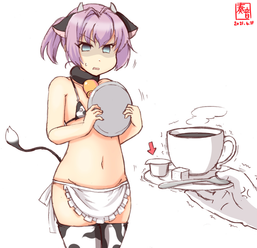 1girl alternate_costume anger_vein animal_ears animal_print apron artist_logo bell bikini blue_eyes coffee coffee_cup collarbone commentary_request cow_ears cow_horns cow_print cow_tail cowbell creamer_packet cup dated disposable_cup fake_animal_ears fake_horns fake_tail flat_chest frilled_apron frills highres holding holding_tray horns kanon_(kurogane_knights) kantai_collection navel neck_bell pink_hair print_bikini print_legwear shaded_face shiranui_(kancolle) short_hair short_ponytail simple_background solo_focus sugar_cube swimsuit tail thighhighs tray trembling waist_apron white_apron white_background