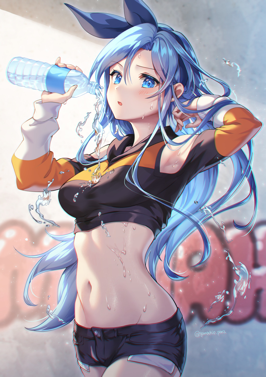 1girl absurdres arm_up armpits bare_shoulders black_shorts blue_eyes blue_hair blue_ribbon blush borrowed_character bottle breasts clothing_cutout commentary_request commission cowboy_shot crop_top day gomashio_ponz graffiti hair_ribbon highres holding holding_bottle long_hair long_sleeves looking_at_viewer medium_breasts minah_(chaesu) navel open_mouth original outdoors plastic_bottle pouring_onto_self ribbon short_shorts shorts shoulder_cutout skeb_commission solo stomach twitter_username very_long_hair water water_bottle