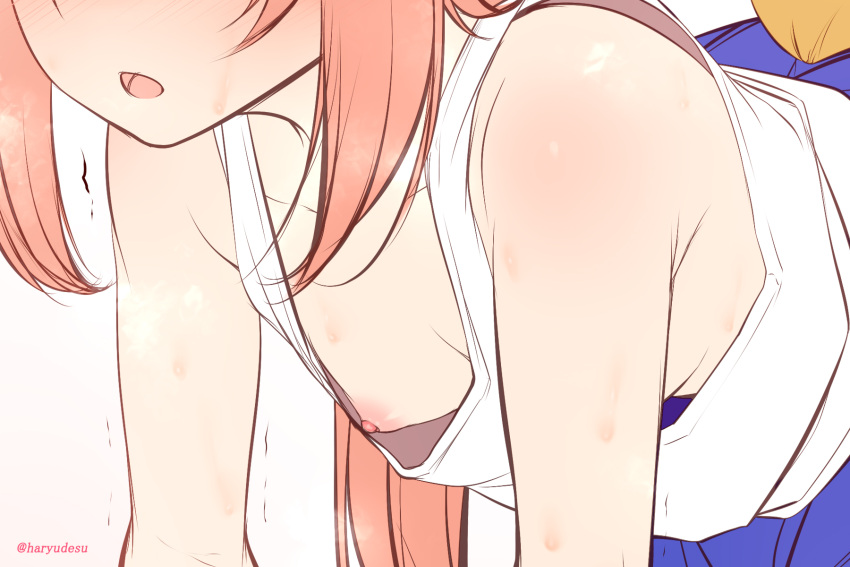 1girl all_fours bare_shoulders blush breasts brown_background brown_hair collarbone commentary_request downblouse fate/extra fate_(series) gradient gradient_background haryuu_(poetto) highres long_hair nipple_slip nipples nose_blush parted_lips small_breasts solo tamamo_(fate)_(all) tamamo_no_mae_(fate) tank_top trembling twitter_username white_background white_tank_top