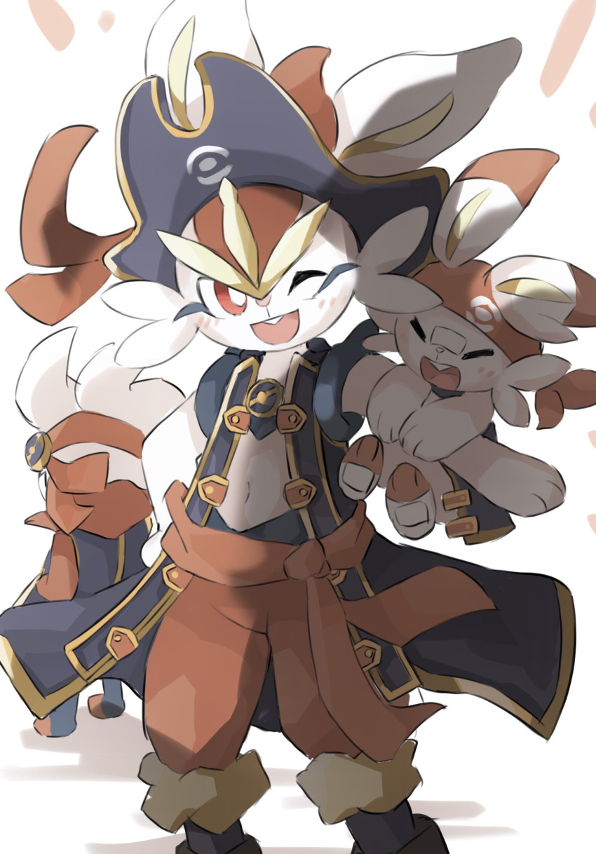 ;d bandana blush bright_pupils cinderace clothed_pokemon coat commentary_request fang gen_8_pokemon grey_coat grey_headwear hat hatted_pokemon highres navel one_eye_closed open_clothes open_coat open_mouth outstretched_arm poke_ball_print pokemon pokemon_(creature) pokemon_on_arm pokemon_unite raboot red_eyes scorbunny smile standing tongue tsukiya_(rajx3523) white_pupils